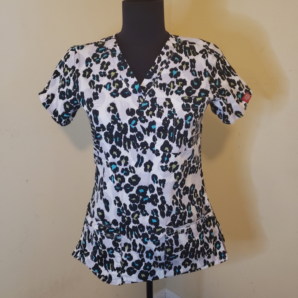 White Cheetah Print Dickies Scrubs Top
